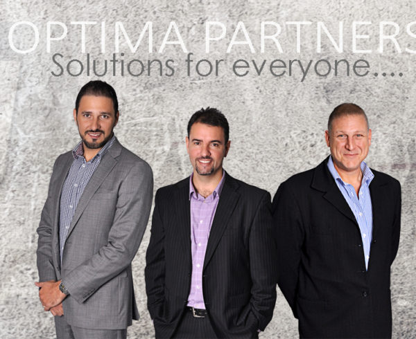 A picture of the Optima Partners, Phil C, Enrico and Phil N on a stone background, also a picture of a group of people in a business meeting